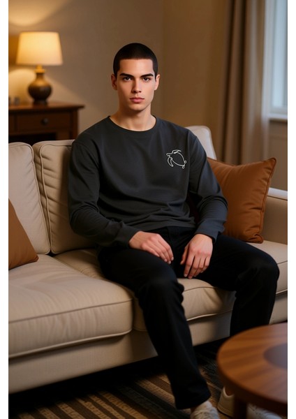 Erkek Bisiklet Yaka Uzun Kollu Pijama Takımı Fonksiyonel Dayanıklı Kaliteli Konforlu Rahat