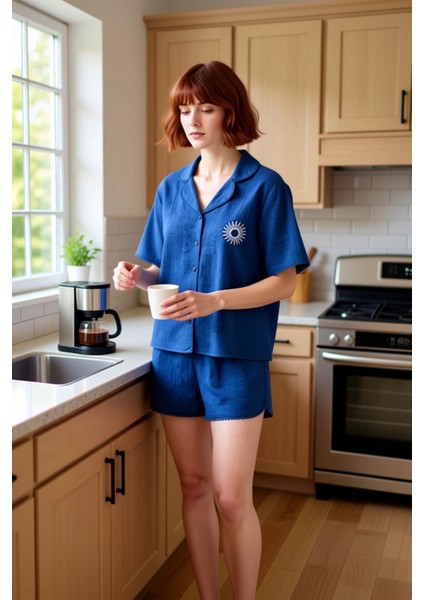 Kadın Güneş Nakışlı Müslin Pijama Takımı Gömlek ve Şort Fonksiyonel Dayanıklı Kaliteli Şık fiyatları