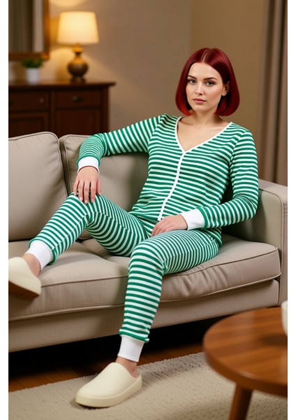 Kadın Çizgili V Yaka Uzun Kollu Pijama Takımı Fonksiyonel Dayanıklı Kaliteli Konforlu Spor