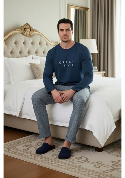 Erkek Geometrik Desenli Bisiklet Yaka Pijama Takımı Fonksiyonel Dayanıklı Kaliteli Estetik modelleri