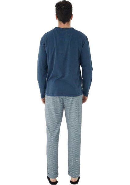 Erkek Geometrik Desenli Bisiklet Yaka Pijama Takımı Fonksiyonel Dayanıklı Kaliteli Estetik indirimleri