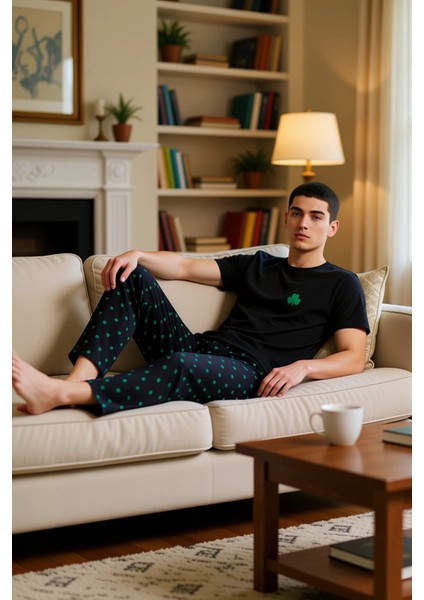 Erkek Yonca Desenli Bisiklet Yaka Pijama Takımı Fonksiyonel Dayanıklı Kaliteli Konforlu Şık