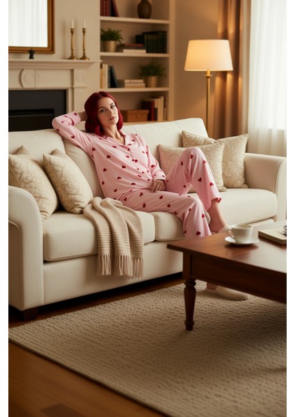 Kadin Kirmizi Kalp Desenli Gömlek Yaka Pijama Takımı Fonksiyonel Dayanıklı Kaliteli Modern