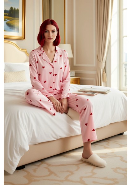 Kadin Kirmizi Kalp Desenli Gömlek Yaka Pijama Takımı Fonksiyonel Dayanıklı Kaliteli Modern modelleri