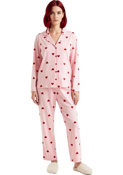 Kadin Kirmizi Kalp Desenli Gömlek Yaka Pijama Takımı Fonksiyonel Dayanıklı Kaliteli Modern fırsatları