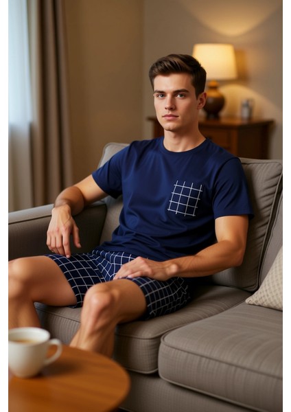 Erkek Grimelanj Ekose Örme Pijama Takımı Bisiklet Yaka Kısa Kollu Fonksiyonel Dayanıklı Şık