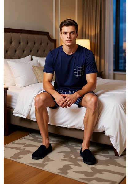 Erkek Grimelanj Ekose Örme Pijama Takımı Bisiklet Yaka Kısa Kollu Fonksiyonel Dayanıklı Şık modelleri