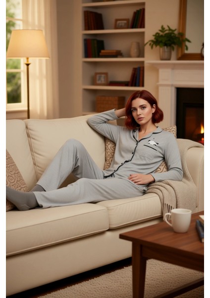 Kadın Melanj Panda Baskılı Gömlek Pantolon Pijama Takımı Fonksiyonel Dayanıklı Kaliteli Şık