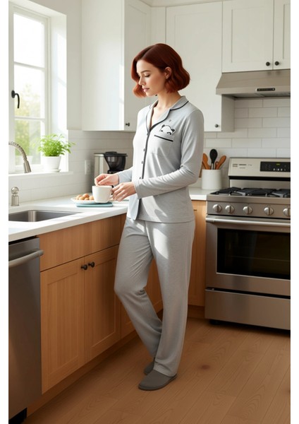 Kadın Melanj Panda Baskılı Gömlek Pantolon Pijama Takımı Fonksiyonel Dayanıklı Kaliteli Şık fiyatları