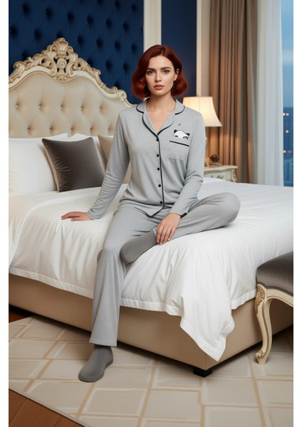 Kadın Melanj Panda Baskılı Gömlek Pantolon Pijama Takımı Fonksiyonel Dayanıklı Kaliteli Şık modelleri