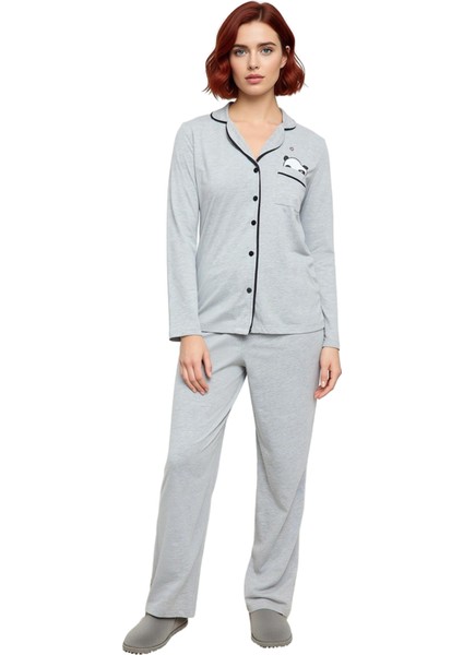Kadın Melanj Panda Baskılı Gömlek Pantolon Pijama Takımı Fonksiyonel Dayanıklı Kaliteli Şık fırsatları