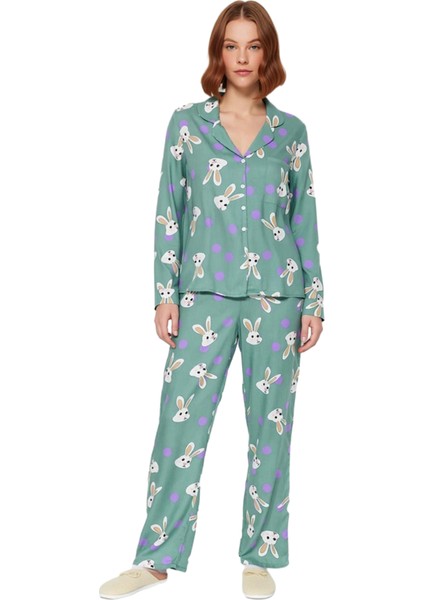 Kadın Viskon Tavşan Desenli Gömlek Pantolon Pijama Takımı Fonksiyonel Dayanıklı Kaliteli Şık fırsatları