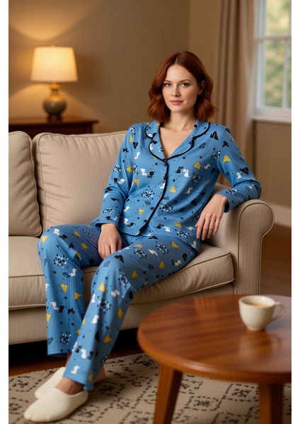 Kadin Desenli Gömlek Yaka Pijama Takımı Fonksiyonel Dayanıklı Kaliteli Konforlu Estetik Şık