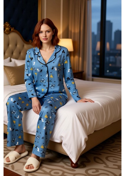 Kadin Desenli Gömlek Yaka Pijama Takımı Fonksiyonel Dayanıklı Kaliteli Konforlu Estetik Şık modelleri