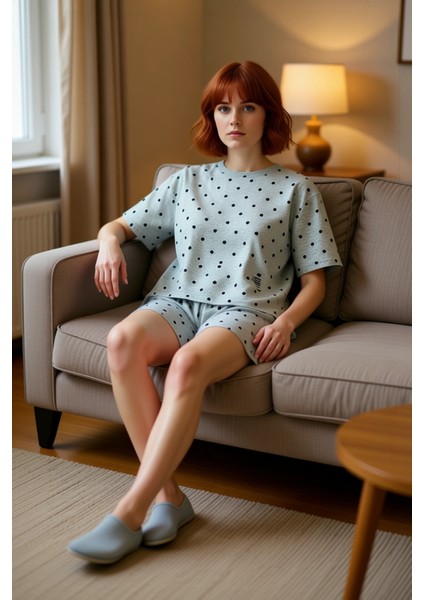 Kadın Puantiyeli Kalpli Pijama Takımı Fonksiyonel Dayanıklı Kaliteli Konforlu Estetik Spor