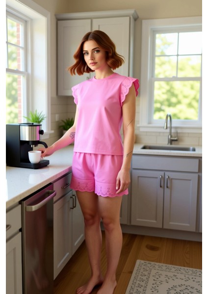Kadın Brode Detaylı Bisiklet Yaka Şortlu Pijama Takımı Fonksiyonel Dayanıklı Kaliteli Spor indirimleri