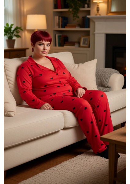 Kadin Kirmizi Kalp Desenli Gömlek Yaka Pijama Takımı Fonksiyonel Dayanıklı Kaliteli Modern