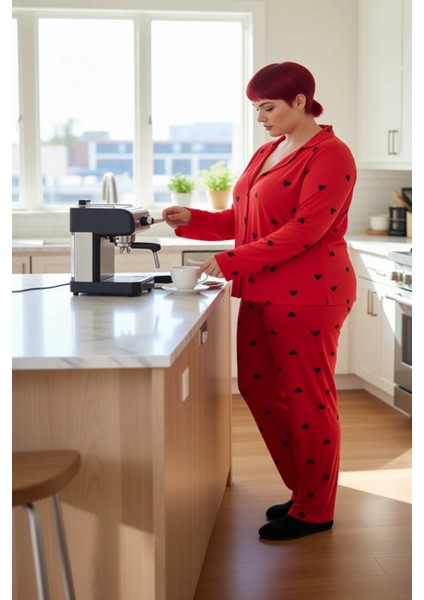 Kadin Kirmizi Kalp Desenli Gömlek Yaka Pijama Takımı Fonksiyonel Dayanıklı Kaliteli Modern fiyatları