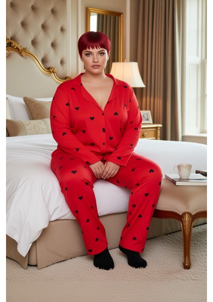Kadin Kirmizi Kalp Desenli Gömlek Yaka Pijama Takımı Fonksiyonel Dayanıklı Kaliteli Modern modelleri