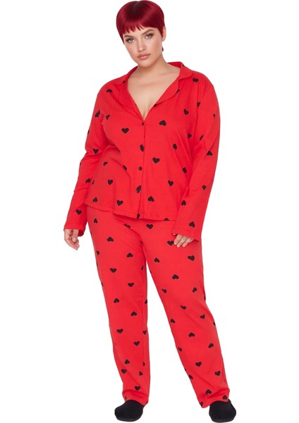 Kadin Kirmizi Kalp Desenli Gömlek Yaka Pijama Takımı Fonksiyonel Dayanıklı Kaliteli Modern fırsatları
