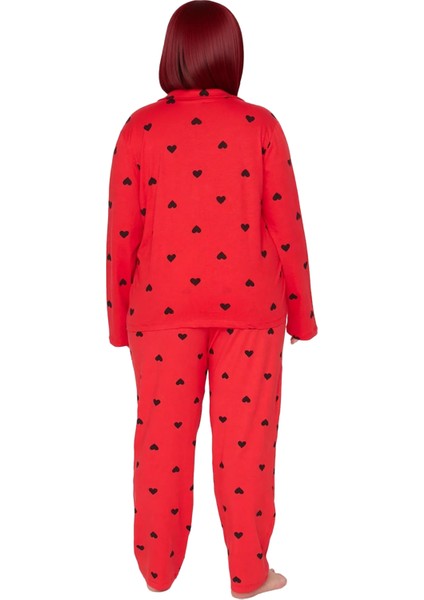 Kadin Kirmizi Kalp Desenli Gömlek Yaka Pijama Takımı Fonksiyonel Dayanıklı Kaliteli Modern indirimleri