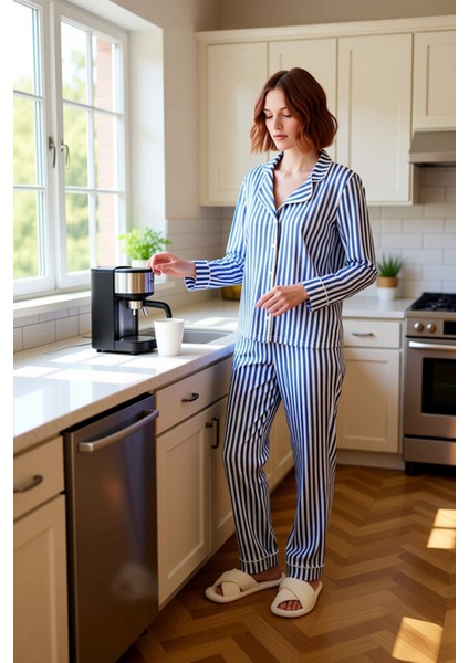 Kadın Çizgili Pijama Takımı Gömlek Yaka Fonksiyonel Dayanıklı Kaliteli Konforlu Estetik Şık fiyatları