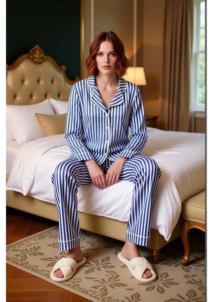 Kadın Çizgili Pijama Takımı Gömlek Yaka Fonksiyonel Dayanıklı Kaliteli Konforlu Estetik Şık modelleri