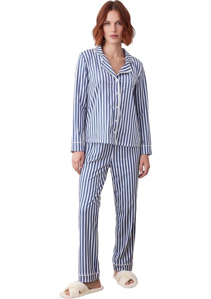Kadın Çizgili Pijama Takımı Gömlek Yaka Fonksiyonel Dayanıklı Kaliteli Konforlu Estetik Şık fırsatları
