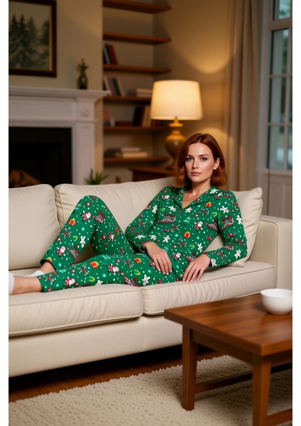 Kadın Yılbaşı Temalı Gömlek ve Pantolon Pijama Takımı Fonksiyonel Dayanıklı Kaliteli Rahat