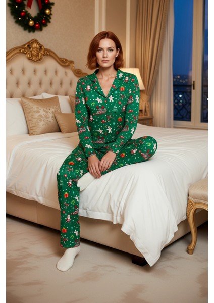 Kadın Yılbaşı Temalı Gömlek ve Pantolon Pijama Takımı Fonksiyonel Dayanıklı Kaliteli Rahat modelleri