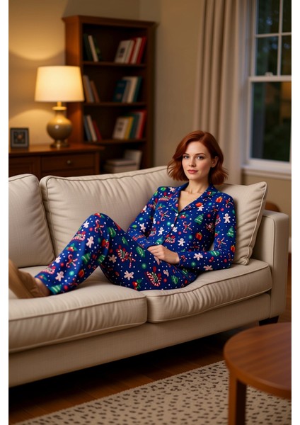Kadın Yılbaşı Temalı Gömlek ve Pantolon Pijama Takımı Fonksiyonel Dayanıklı Kaliteli Rahat