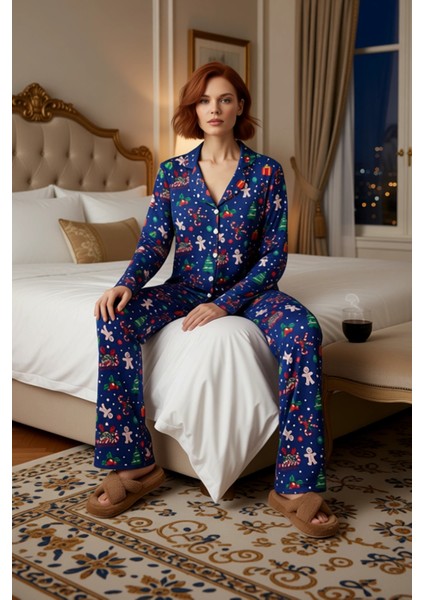 Kadın Yılbaşı Temalı Gömlek ve Pantolon Pijama Takımı Fonksiyonel Dayanıklı Kaliteli Rahat modelleri