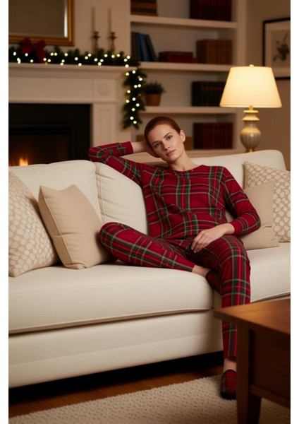Kadın Ekose Pijama Takımı Bisiklet Yaka Uzun Kollu Fonksiyonel Dayanıklı Kaliteli Konforlu