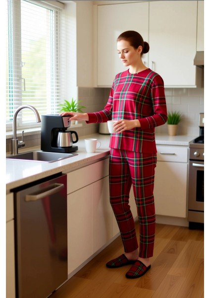 Kadın Ekose Pijama Takımı Bisiklet Yaka Uzun Kollu Fonksiyonel Dayanıklı Kaliteli Konforlu fiyatları