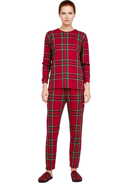 Kadın Ekose Pijama Takımı Bisiklet Yaka Uzun Kollu Fonksiyonel Dayanıklı Kaliteli Konforlu fırsatları