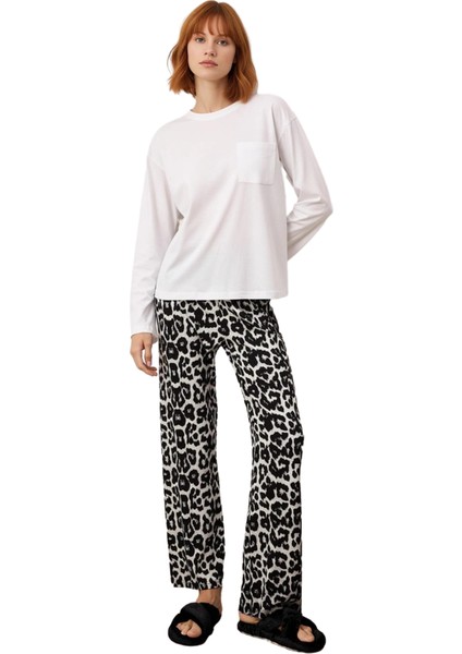 Kadın Leopar Desenli Bisiklet Yaka Uzun Kollu Pijama Takımı Fonksiyonel Dayanıklı Kaliteli fırsatları