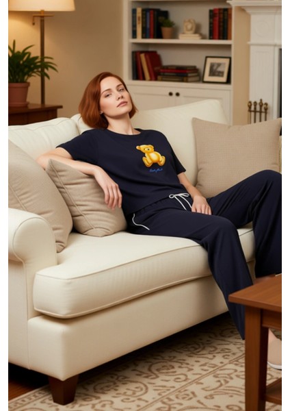 Kadin Ayicik Baskılı Wide Leg Pijama Takımı Fonksiyonel Dayanıklı Kaliteli Konforlu Modern