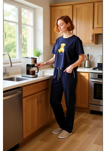 Kadin Ayicik Baskılı Wide Leg Pijama Takımı Fonksiyonel Dayanıklı Kaliteli Konforlu Modern fiyatları