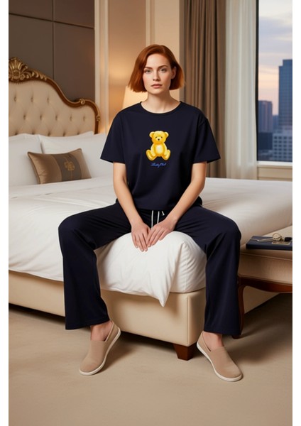 Kadin Ayicik Baskılı Wide Leg Pijama Takımı Fonksiyonel Dayanıklı Kaliteli Konforlu Modern modelleri