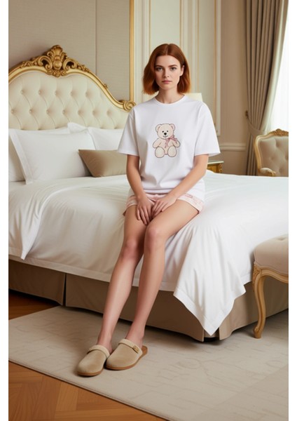 Kadın Ayıcık Baskılı Ekose Şortlu Pijama Takımı Fonksiyonel Dayanıklı Kaliteli Konforlu Şık