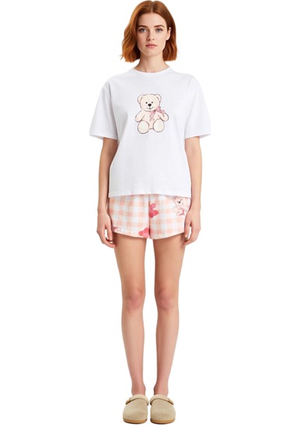 Kadın Ayıcık Baskılı Ekose Şortlu Pijama Takımı Fonksiyonel Dayanıklı Kaliteli Konforlu Şık fiyatları