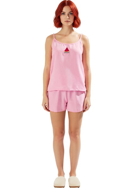 Kadın Kedi Nakışlı V Yaka Ip Askılı Şortlu Dokuma Pijama Takımı Ev Konforu Fonksiyonel Şık fiyatları