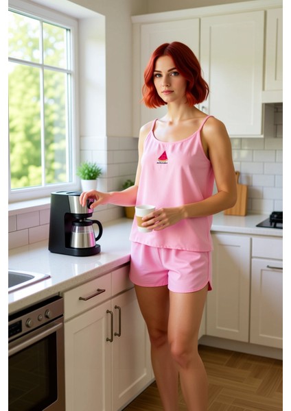 Kadın Kedi Nakışlı V Yaka Ip Askılı Şortlu Dokuma Pijama Takımı Ev Konforu Fonksiyonel Şık indirimleri