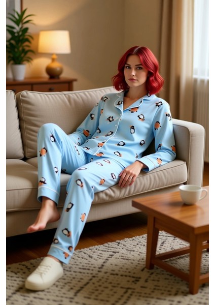 Kadın Penguen Desenli Gömlek Yaka Polar Pijama Takımı Fonksiyonel Dayanıklı Kaliteli Rahat