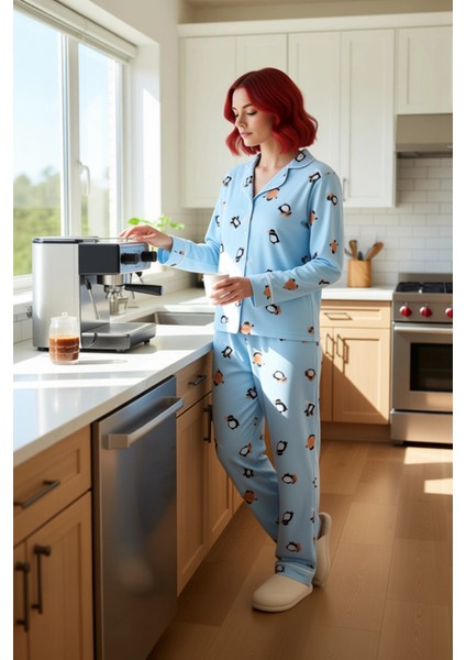 Kadın Penguen Desenli Gömlek Yaka Polar Pijama Takımı Fonksiyonel Dayanıklı Kaliteli Rahat fiyatları