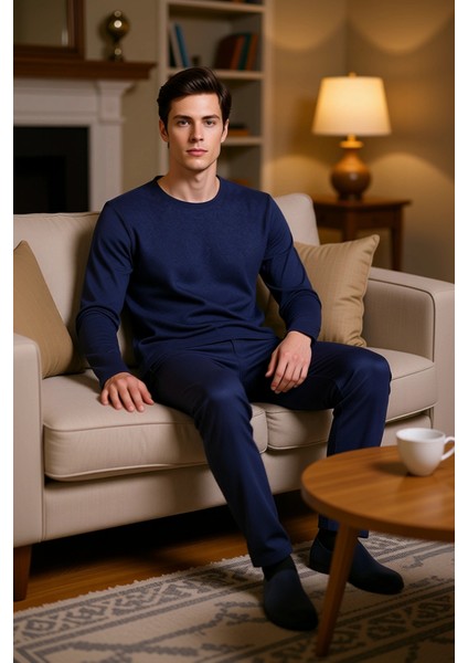 Erkek Waffle Dokulu Pijama Takımı Bisiklet Yaka Uzun Kollu Regular Fit Fonksiyonel Estetik
