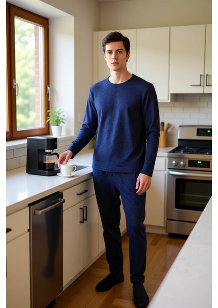 Erkek Waffle Dokulu Pijama Takımı Bisiklet Yaka Uzun Kollu Regular Fit Fonksiyonel Estetik fiyatları