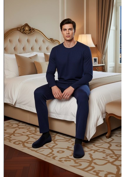 Erkek Waffle Dokulu Pijama Takımı Bisiklet Yaka Uzun Kollu Regular Fit Fonksiyonel Estetik modelleri