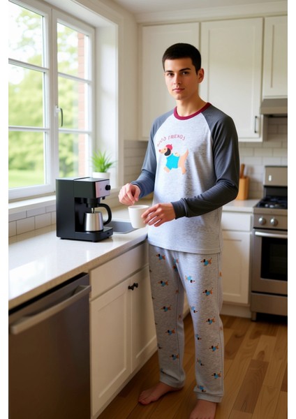 Erkek Köpek Baskılı Bisiklet Yaka Reglan Kol Pijama Takımı Fonksiyonel Dayanıklı Kaliteli Şık fiyatları