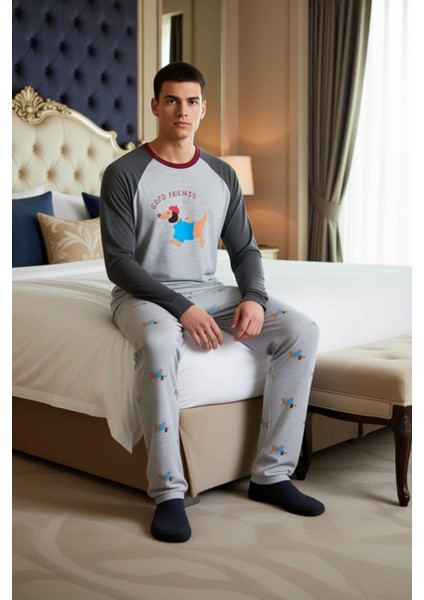 Erkek Köpek Baskılı Bisiklet Yaka Reglan Kol Pijama Takımı Fonksiyonel Dayanıklı Kaliteli Şık modelleri